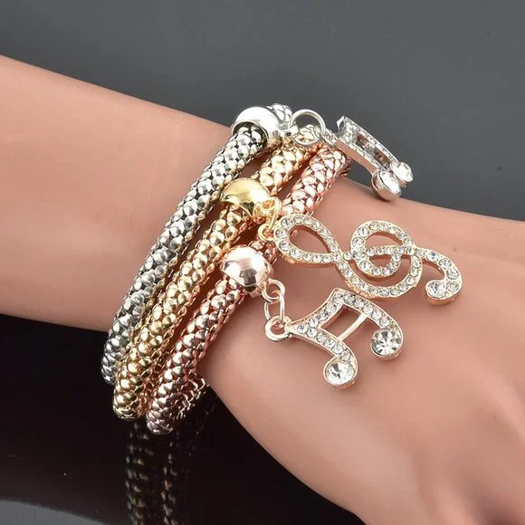Tri-Tone Musical Charm Bracelet Set – Treble Clef & Notes - Picture 3 of 7
